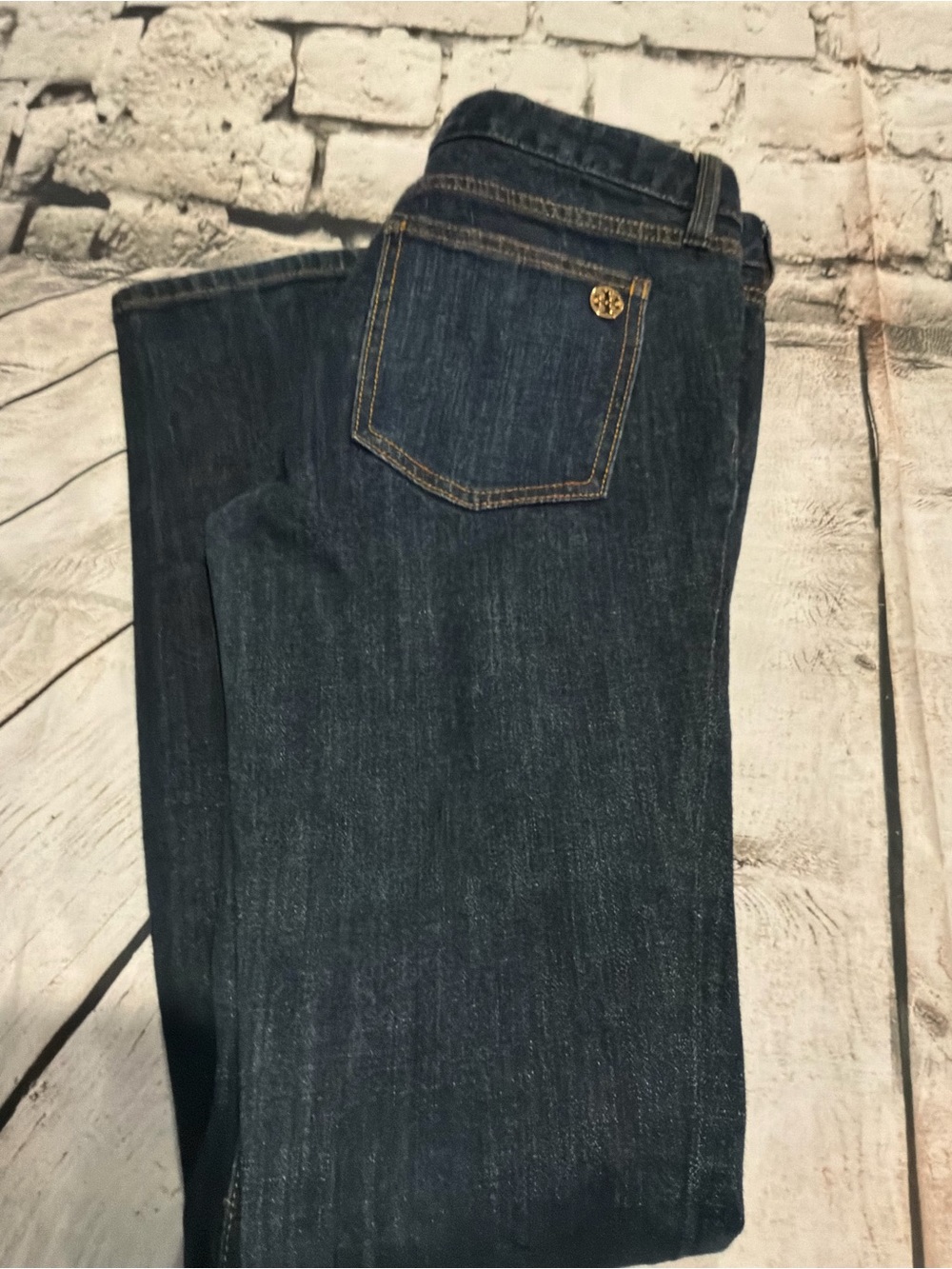 Tory Burch Indigo Straight-Leg Jeans with Gold Logo Button